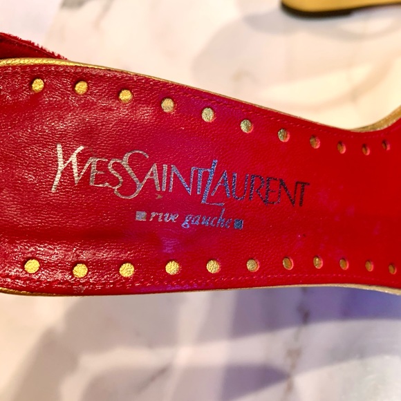YVES SAINT ❌SOLD❌LAURENT TOM FORD 2003 CHERRY RED VELVET PLATFORM WEDGE GOLD - Picture 3 of 9